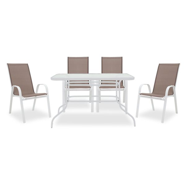 200 000314 8 Dining table Ensure-Calan I set of 5 pakoworld metal white-brown textilene 120x70x70cmOutdoor furniture > Garden food table