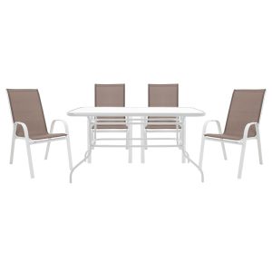 200 000317 8 Dining table Valor-Calan B set of 5 pakoworld metal white-textilene brown 140x80x70cmEASTER OFFERS