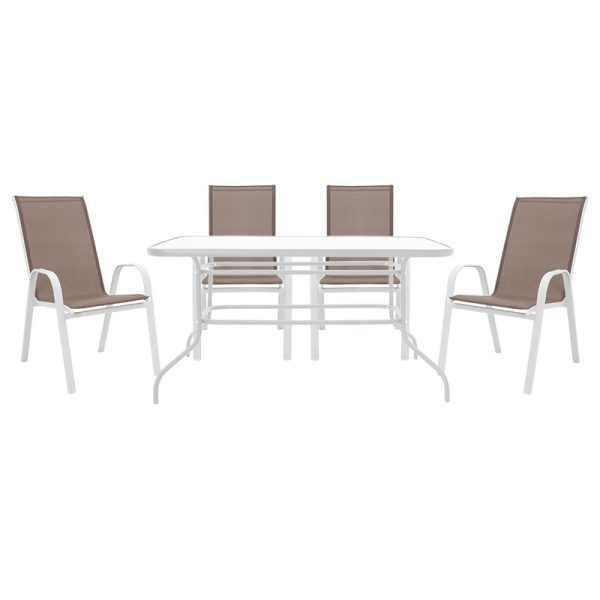 200 000317 8 Dining table Valor-Calan B set of 5 pakoworld metal white-textilene brown 140x80x70cmEASTER OFFERS