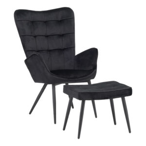 Armchair with footstool Dorita pakoworld velvet black-leg black metal 68.5x76x103cm