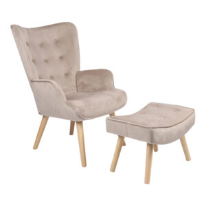 Armchair with footstool Vivienne pakoworld velvet fabric beige-natural leg 75x69x96cm