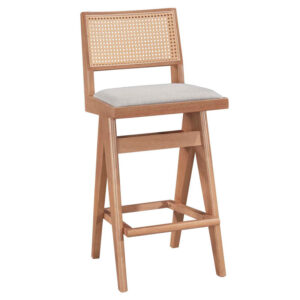 Bar stool Winslow pakoworld wood rubberwood light walnut-pvc rattan natural-fabric gray 44.5x46x98cm