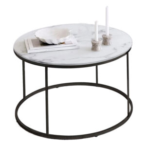 Coffee table Emilian pakoworld white marble melamine-black metal D60x42cm