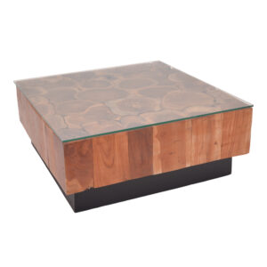 Granon Inart coffee table walnut-black solid teak wood-glass 80x80x32cm