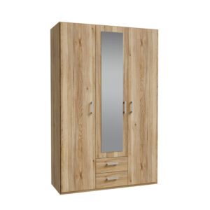 Jakrine pakoworld melamine three-leaf wardrobe melamine with mirror in oak with 3 grey shelves 133.2x54.2x210.5cm