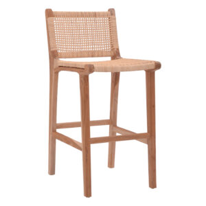 Bar stool medium height Sponze pakoworld natural color teak wood skeleton and rattan 40x47x89cm