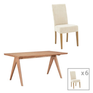 Dining table Ditta-Winslow pakoworld set of 7 rubberwood wood in light walnut color 180x85x75cm