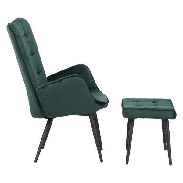 029 000216 2 3 Armchair with footstool Dorita pakoworld velvet cypress-leg black metal 68.5x76x103cmIndoor furniture > Living room armchairs