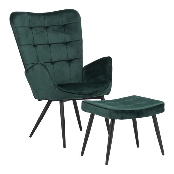 029 000216 6 Armchair with footstool Dorita pakoworld velvet cypress-leg black metal 68.5x76x103cmIndoor furniture > Living room armchairs