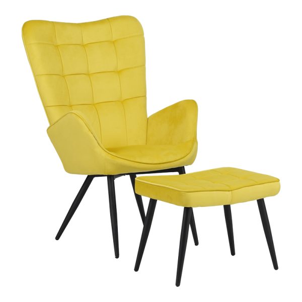029 000219 8 Armchair with footstool Dorita pakoworld velvet yellow-leg black metal 68.5x76x103cmSPRING OFFERS