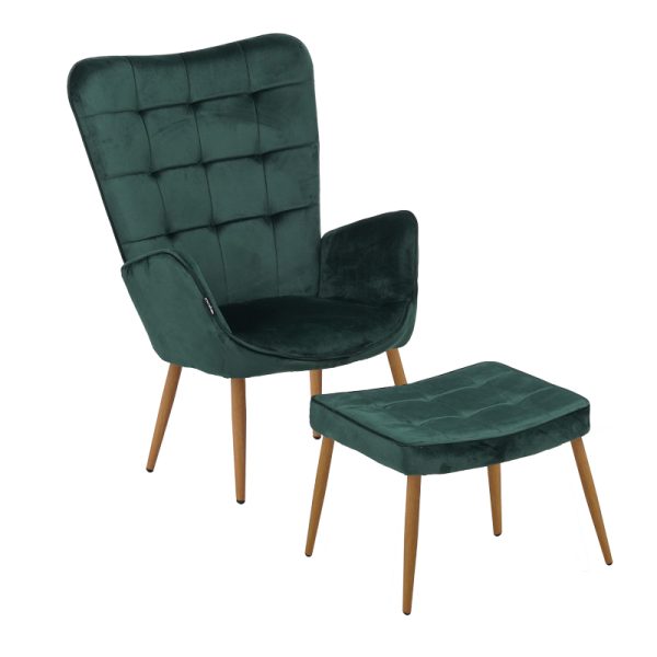 029 000244 6 Maddison armchair with footrest-cushion pakoworld dark green velvet-natural leg 68x72x98cmIndoor furniture > Living room armchairs