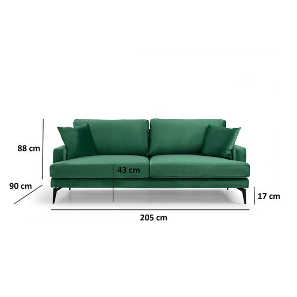 071 001198 3 3 3-seater sofa Fortune pakoworld velvet green-black 205x90x88cmIndoor furniture > Sofas & Armchairs - Pre Order