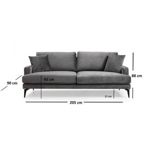 071 001254 3 3 3-seater sofa Fortune pakoworld velvet anthracite-black 205x90x88cmIndoor furniture > Sofas & Armchairs - Pre Order