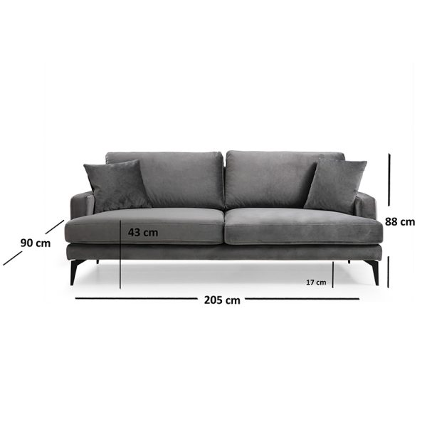 071 001254 3 3 3-seater sofa Fortune pakoworld velvet anthracite-black 205x90x88cmIndoor furniture > Sofas & Armchairs - Pre Order