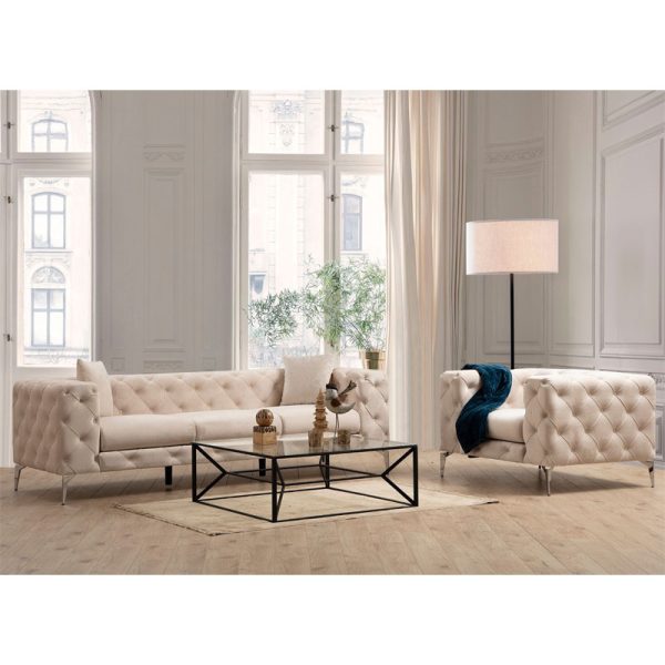 071 001351 4 2 3 seater sofa PWF-0579 pakoworld Chesterfield type fabric ecru 237x90x73cmIndoor furniture > Sofas & Armchairs - Pre Order