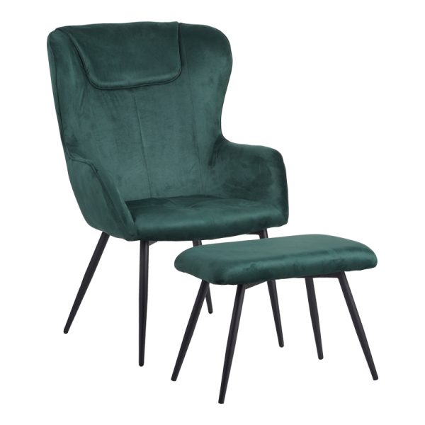 096 000041 1 Armchair with footstool Rueda pakoworld velvet in dark green shade with black metal legs 71.5x66.5x99cmIndoor furniture > Living room armchairs