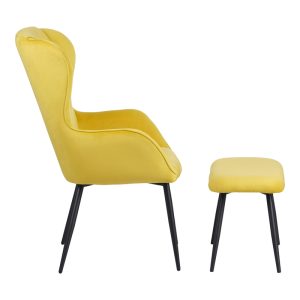 096 000042 3 2 Armchair with footstool Rueda pakoworld velvet in yellow shade with black metal legs 71.5x66.5x99cmIndoor furniture > Armchairs