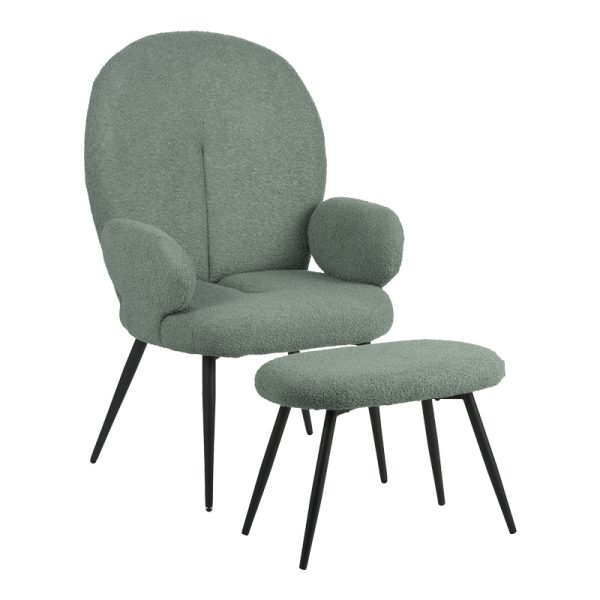 096 000045 9 Armchair with footstool Qarar pakoworld boucle fabric in light green shade with black metal legs 67.5x67.5x106cmIndoor furniture > Living room armchairs