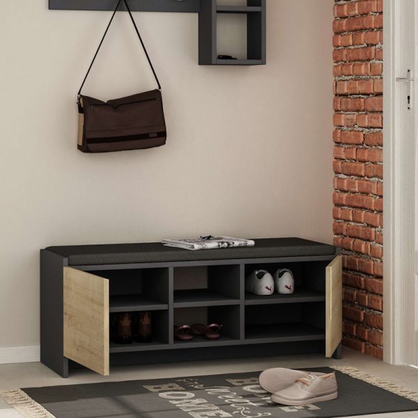 119 001224 3 4 Entrance furniture stool-shoe cabinet Zulla pakoworld melamine in anthracite-oak color 110x37x43cmIndoor furniture > Shoe storage cabinet & cupboards