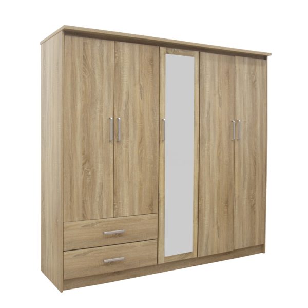 123 000232 10 Wardrobe Olympus pakoworld with 5 doors and drawers+mirror in light oak colour 198x57x183Indoor furniture > Wardrobes