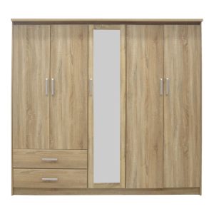 123 000232 2 7 Wardrobe Olympus pakoworld with 5 doors and drawers+mirror in light oak colour 198x57x183Indoor furniture > Wardrobes