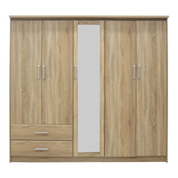 123 000232 2 7 Wardrobe Olympus pakoworld with 5 doors and drawers+mirror in light oak colour 198x57x183Indoor furniture > Wardrobes