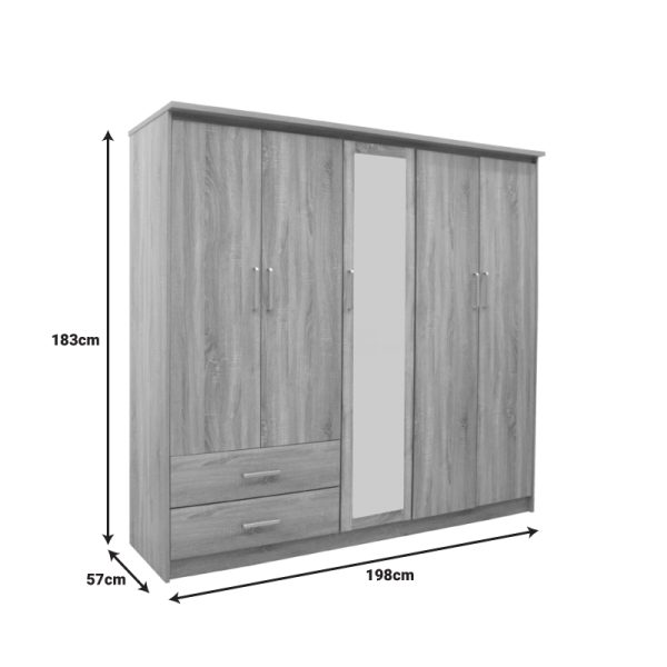 123 000232 4 7 Wardrobe Olympus pakoworld with 5 doors and drawers+mirror in light oak colour 198x57x183Indoor furniture > Wardrobes