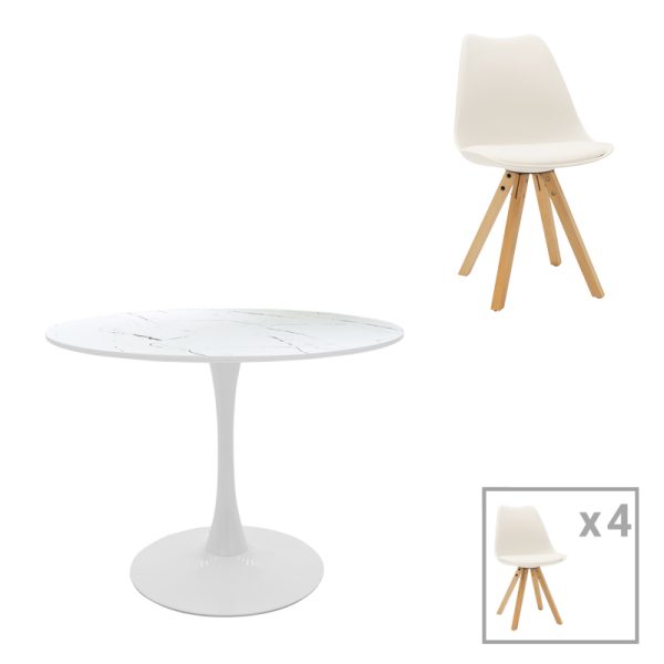 127 000171 7 Balou I-Caron dining table set of 5 pakoworld MDF and pp in white-natural shade Φ120x75cmIndoor furniture > Dinning sets
