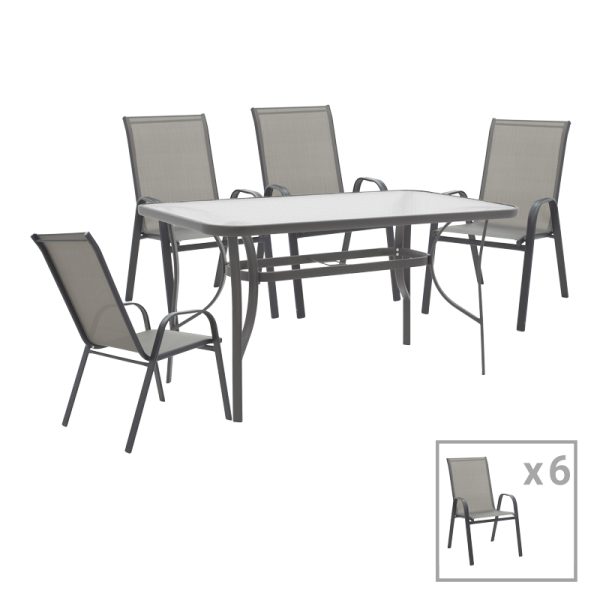 130 000081 16 Dining table Calan-Ensure pakoworld set of 7 dark anthracite metal and anthracite textilene 140x80x70cmOutdoor furniture > Garden food table