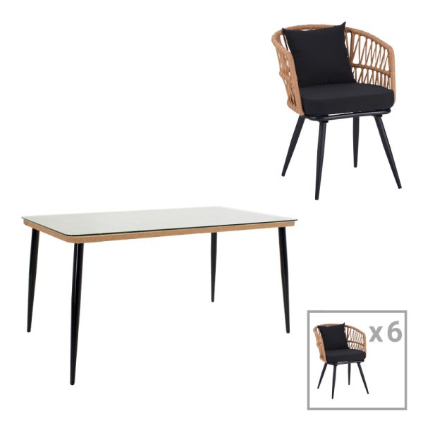 140 000063 7 Naoki dining table set 7 pcs pakoworld metal black-pe natural-glass 160x90x78cmOutdoor furniture > Garden food table