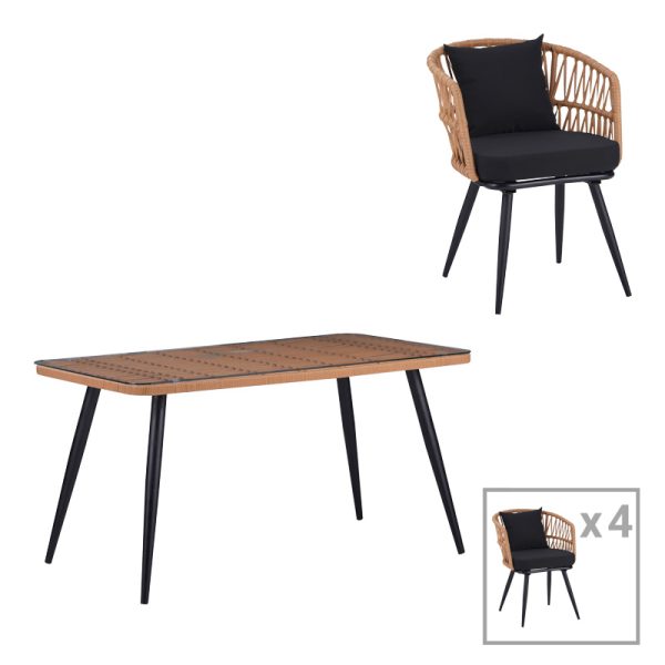 140 000064 6 Naoki dining table set of 5 pieces pakoworld glass-pe rattan in natural shade with black legs 140x80x78cmOutdoor furniture > Garden food table