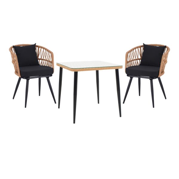 140 000065 7 Naoki dining table set of 3 pcs pakoworld metal black-pe natural-glass 80x80x78cmOutdoor furniture > Garden food table