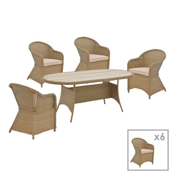 152 000063 7 Dinning set Hadrian-Keir pakoworld set of 7 brown rattan-beige textilene-brown aluminum 180x90x72cmSPRING OFFERS