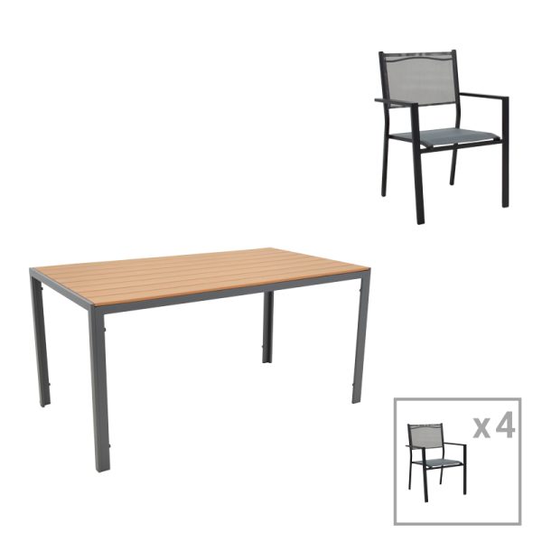 152 000084 5 Dining table Nares-Moly A set of 5 pakoworld anthracite-black aluminum and plywood in natural color 140x80x72.5cmOutdoor furniture > Garden food table