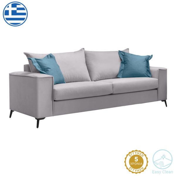 168 000082 4 Verona pakoworld 3-seater sofa light grey fabric with blue cushions 225x93x100cmIndoor furniture > Sofas & Armchairs - Pre Order