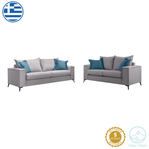 168 000096 5 Verona pakoworld 2 pieces sofa set light grey fabric with blue-colored cushionsIndoor furniture > Sofas & Armchairs - Pre Order