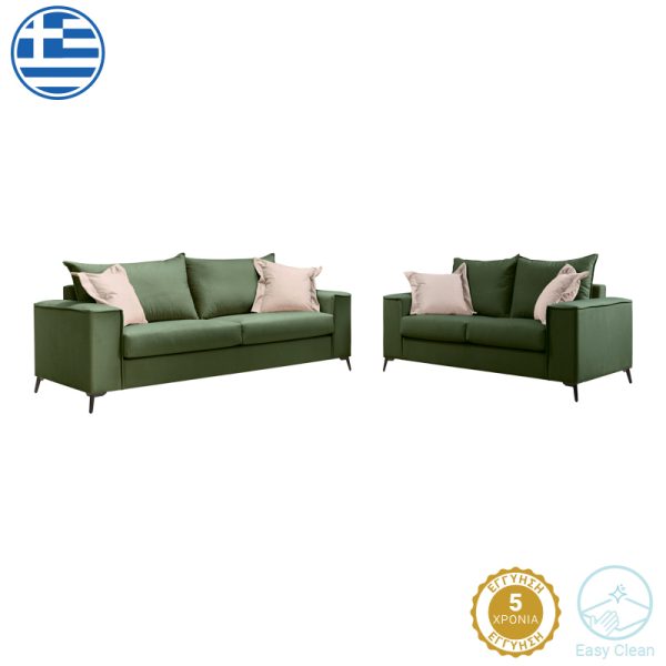 168 000100 5 Verona pakoworld 2 pieces sofa set dark green fabric with cream colored cushionsIndoor furniture > Sofas & Armchairs - Pre Order