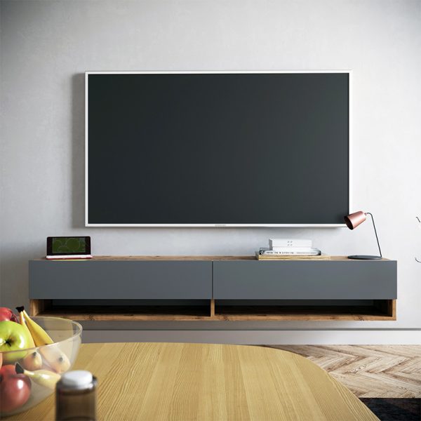 176 000003 2 6 Handra pakoworld wall TV unit with shelf color anthracite-oak 180x31,5x29,5cmIndoor furniture > TV stands