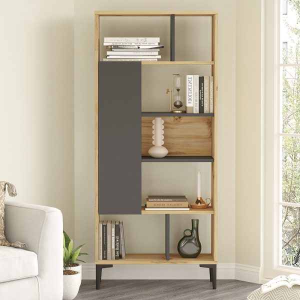 176 000074 3 4 Neville pakoworld bookcase color natural-anthracite 72x25x163.3cmIndoor furniture > Bookshelves