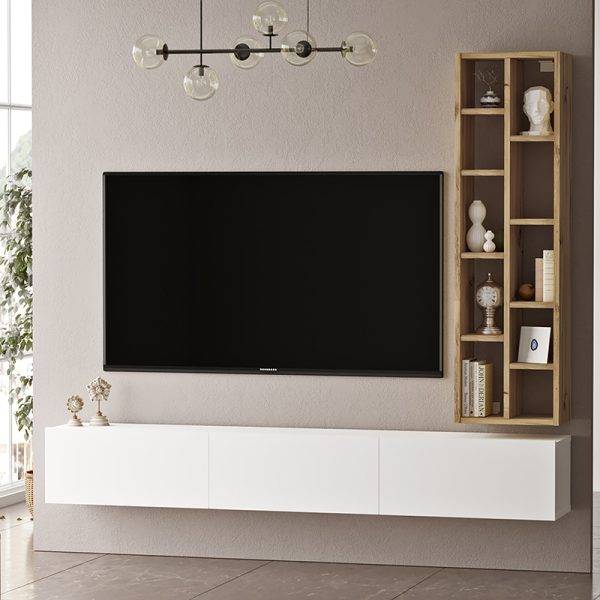 176 000100 2 1 Esmeralda pakoworld wall TV unit white-natural color 74.5x27x145cmIndoor furniture > Living room sets