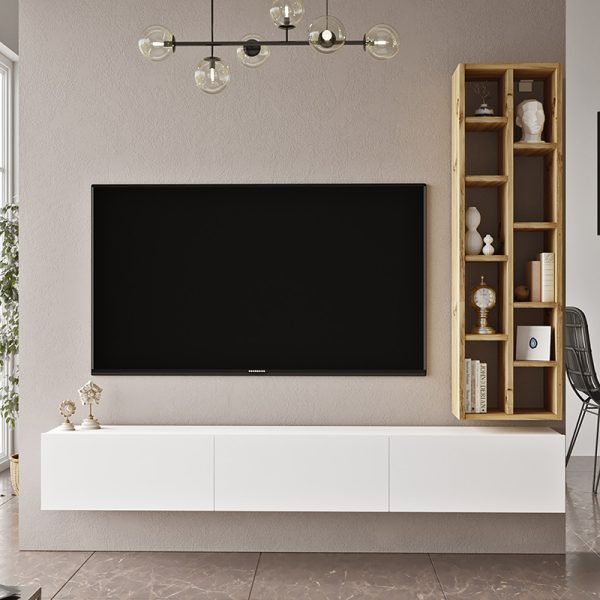176 000100 3 1 Esmeralda pakoworld wall TV unit white-natural color 74.5x27x145cmIndoor furniture > Living room sets