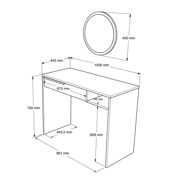 176 000152 3 1 Dressing table with mirror Dorjie pakoworld melamine natural-dark grey 100x44.5x75cmIndoor furniture > Drawers-consoles