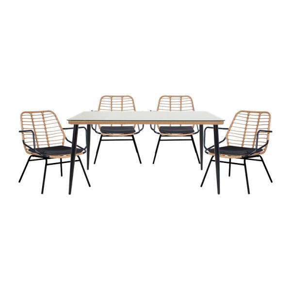 200 000753 6 Dining table Naoki A pakoworld set of 5 natural rattan-black metal-glass 160x90x78cmOutdoor furniture > Garden food table