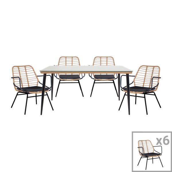 200 000754 6 Dining table Naoki B pakoworld set of 7 natural rattan-black metal-glass 160x90x78cmOutdoor furniture > Garden food table