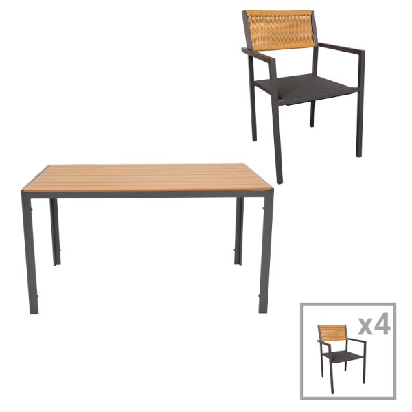 200 000770 5 Dining table Savor-Nares set of 5 pakoworld anthracite aluminum and plywood-rattan in natural color 140x80x72.5cmOutdoor furniture > Garden food table