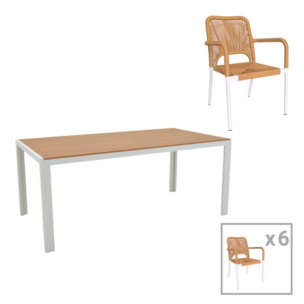 200 000931 5 Dining table Nares-Norture B set of 7 pakoworld white aluminum and plywood in a natural shade 180x90x72.5cmOutdoor furniture > Garden food table