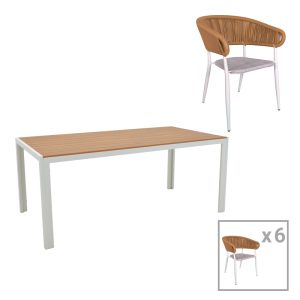 200 000932 5 Dining table Nares-Raven B set of 7 pakoworld white aluminum and plywood in a natural shade 180x90x72.5cmOutdoor furniture > Garden food table