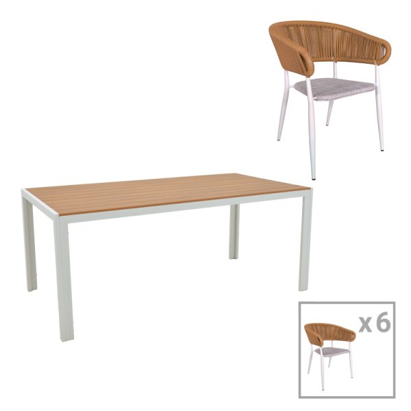 200 000932 5 Dining table Nares-Raven B set of 7 pakoworld white aluminum and plywood in a natural shade 180x90x72.5cmOutdoor furniture > Garden food table