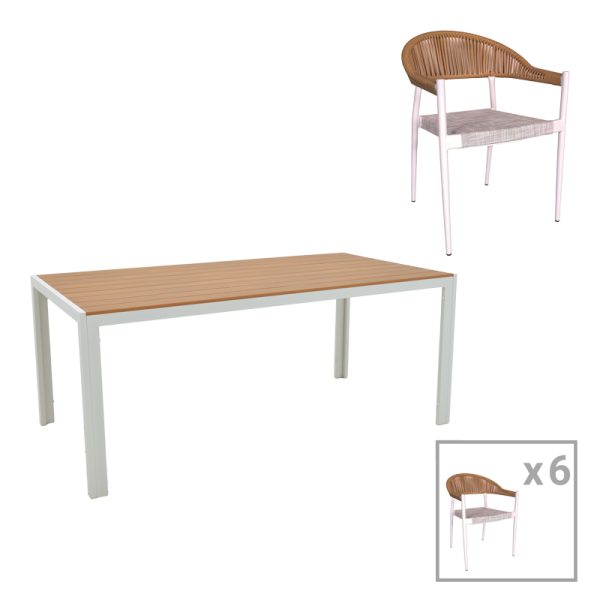 200 000934 6 Dining table Nares-Elation A set of 7 pakoworld white aluminum and plywood in a natural shade 180x90x72.5cmOutdoor furniture > Garden food table