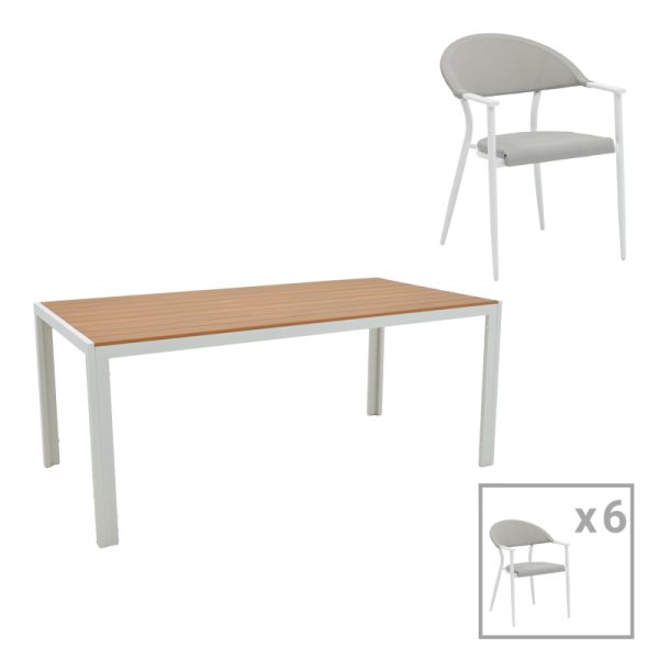 200 000939 6 Dining table Nares-Pino B set of 7 pakoworld white aluminum and plywood in a natural shade 180x90x72.5cmOutdoor furniture > Garden food table